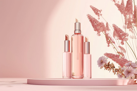 Three elegant pink cosmetic bottles, a Photo by Tanuart