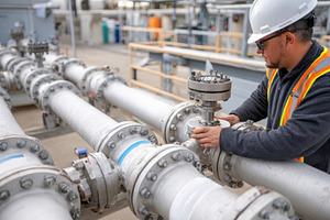 Industrial workers tightening pipes at construction site, an Industrial Photo by AlyaAnd