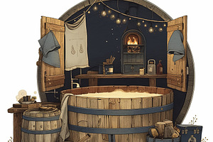Rustic wooden barrel hot tub with a cozy and enchanting outdoor setup, a Photo by AS photostudio