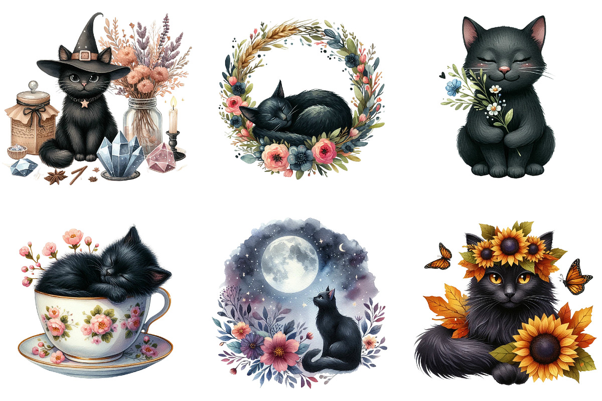 Watercolor Floral Black Cat Clipart, an Illustration by DreamArtGraphic (Photo 4 of 5)