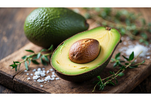 Fresh ripe avocado cut in half with, an Illustration by tilialucida