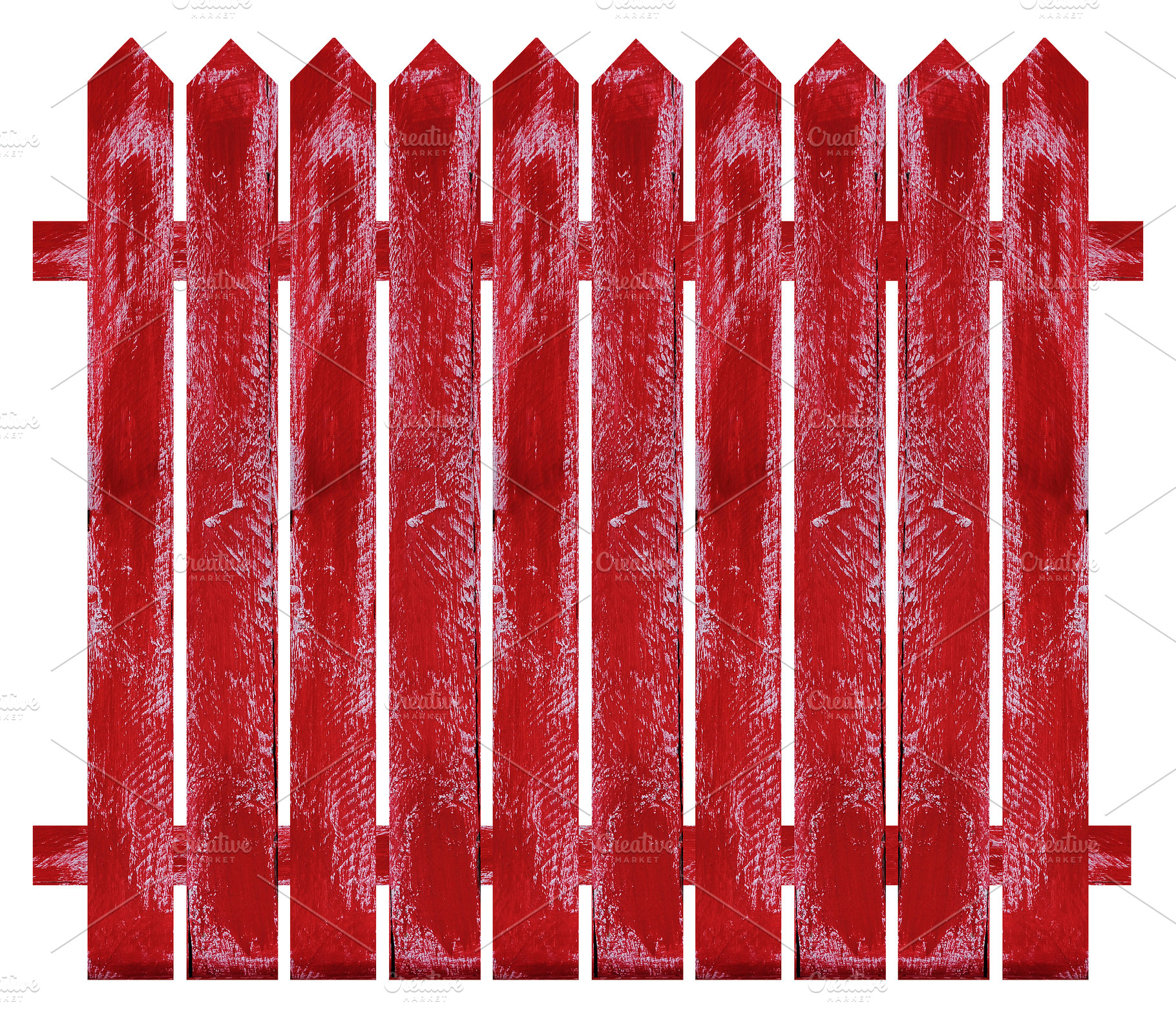 Section of wooden picket fence painted red, isolated background, an Abstract Photo by ndanko