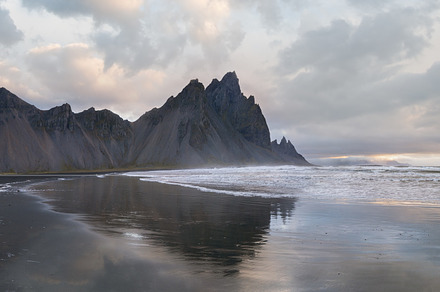 Sunrise Stokksnes cape sea beach and Vestrahorn Mountain with it, a Nature Photo by YuriyB