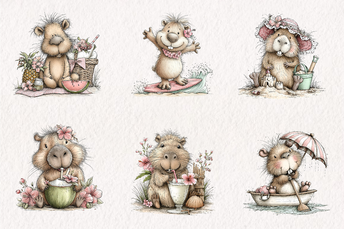 Whimsical Summer Capybara Clipart, an Illustration by CreationArt (Photo 5 of 7)