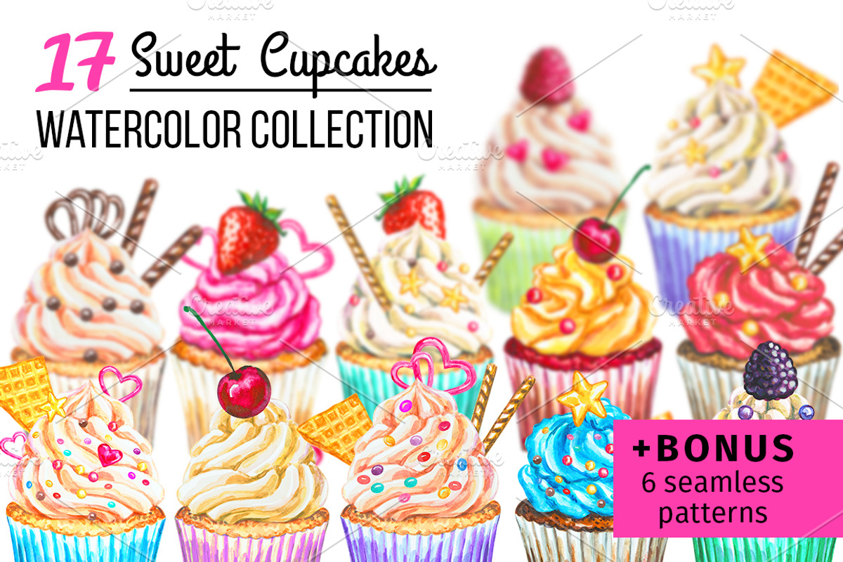 Sweet Cupcakes. Watercolor set, a Food Illustration by Lina's store (Photo 1 of 3)
