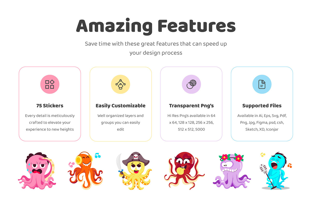 Octopus Cartoon Sticker Set, an Emoji Icon by Vectors Market (Photo 2 of 6)