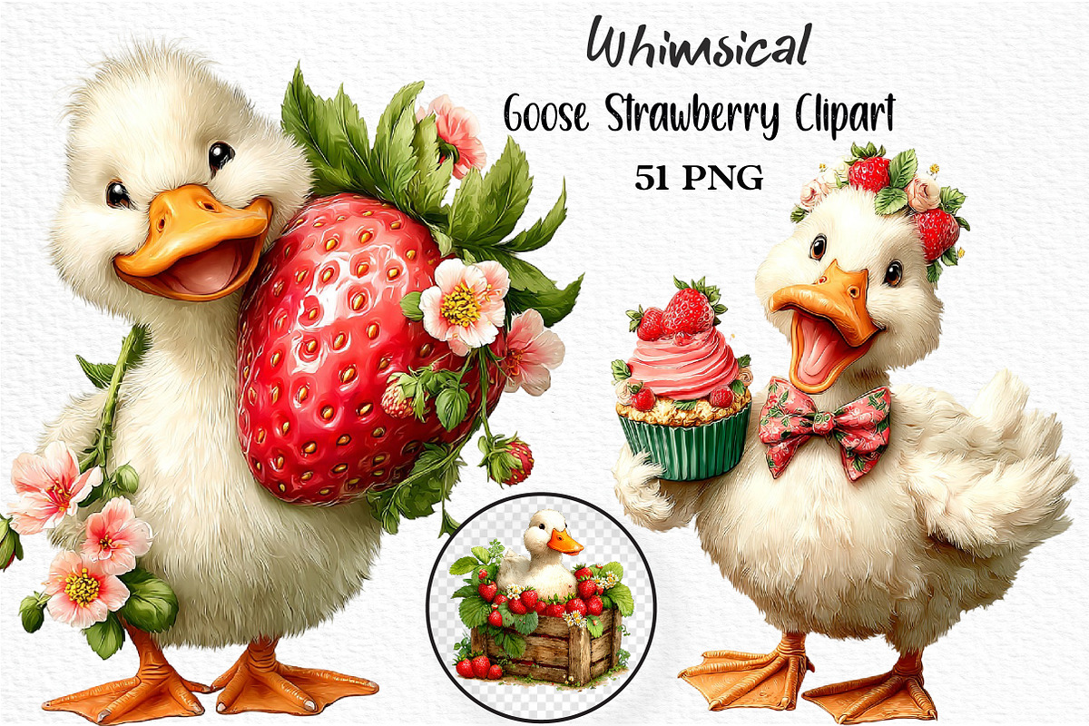 Whimsical Goose Strawberry Clipart, an Animal Illustration by Craft Nest (Photo 1 of 5)