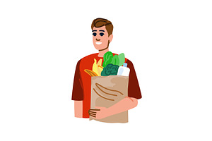 Smiling man holding grocery bag with, a Food Illustration by pikepicture