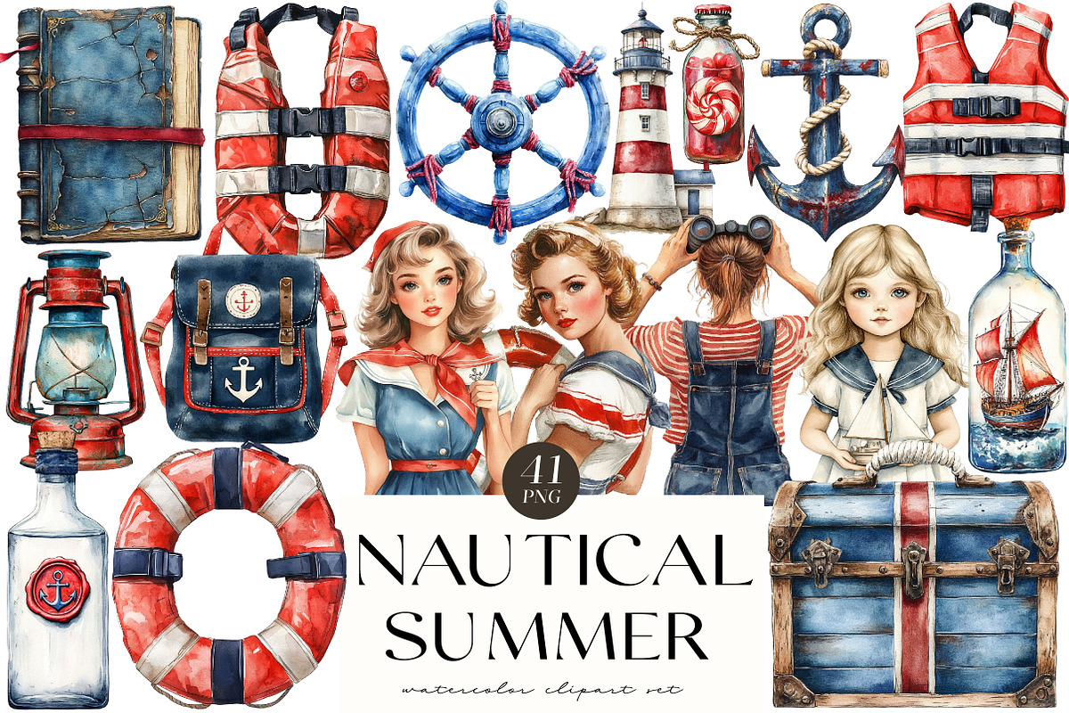 Watercolor Vintage Nautical Clipart, an Illustration by OK Design (Photo 1 of 5)