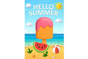 3D Hello Summer Beach Scene with Ice, an Object Illustration by ModVector
