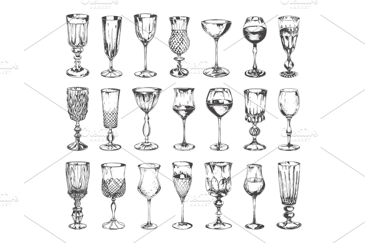 Vintage Glasses for Wine Engraving, a Food Illustration by LadadikArt