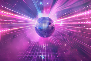 Disco ball reflecting neon lights creates vibrant party atmosphe, a Photo by Dvoevnore photos