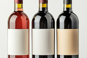 Three wine bottles with blank labels positioned on a neutral bac, a Food & Drink Photo by AlyaAnd