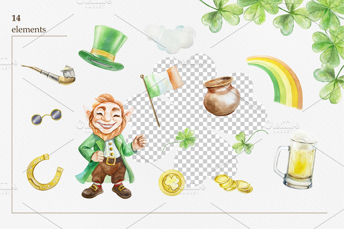 St Patrick's Day Watercolor Clipart, a Seasonal Illustration by Farida Bik (Photo 2 of 11)