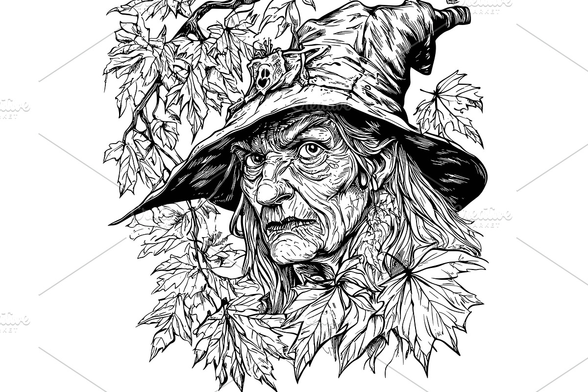Witch in leaves coloring book page, an Illustration by Valerie Bodnar