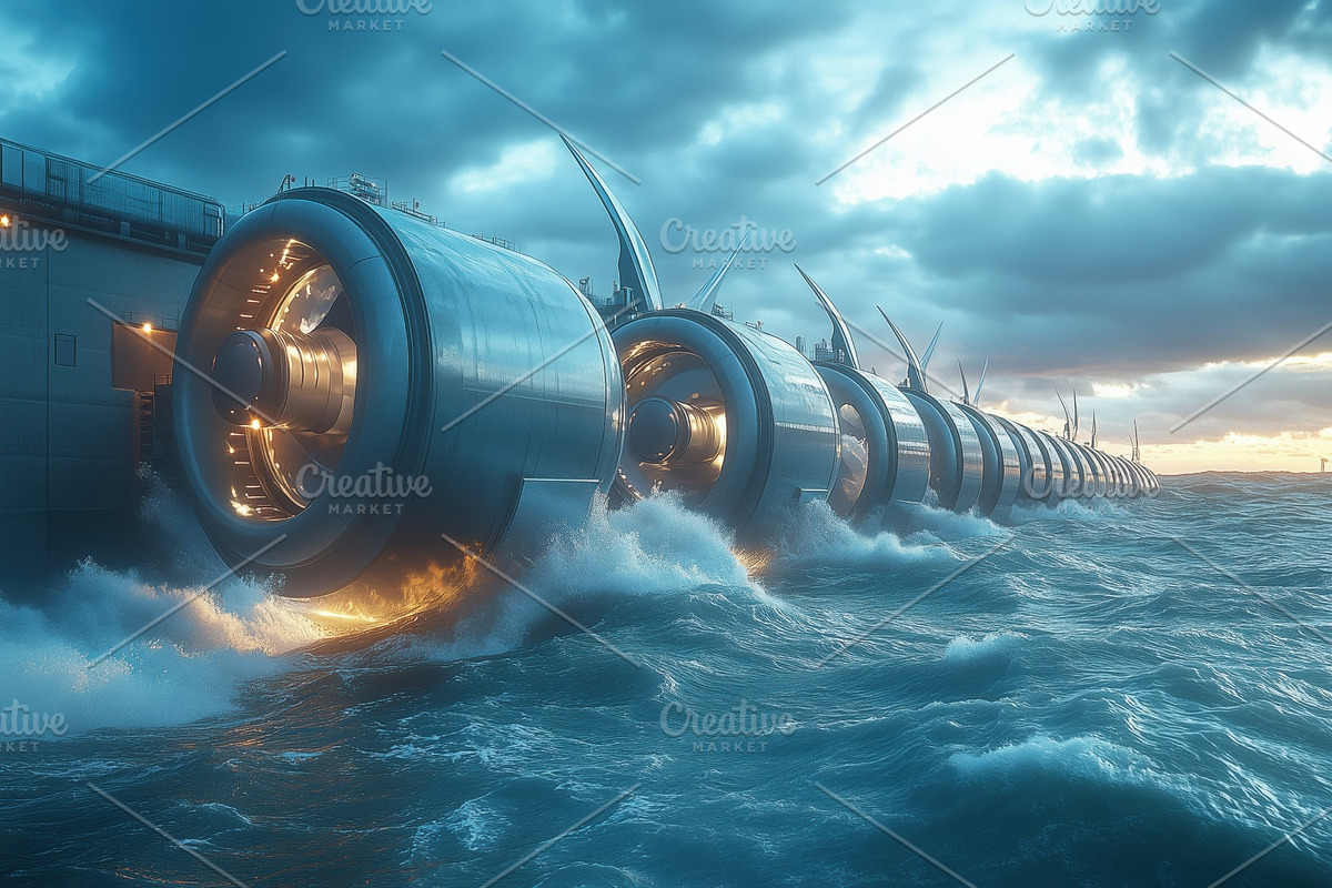 A futuristic ocean energy generation facility with large turbines partially sub, a Technology Illustration by Textures & Backgrounds