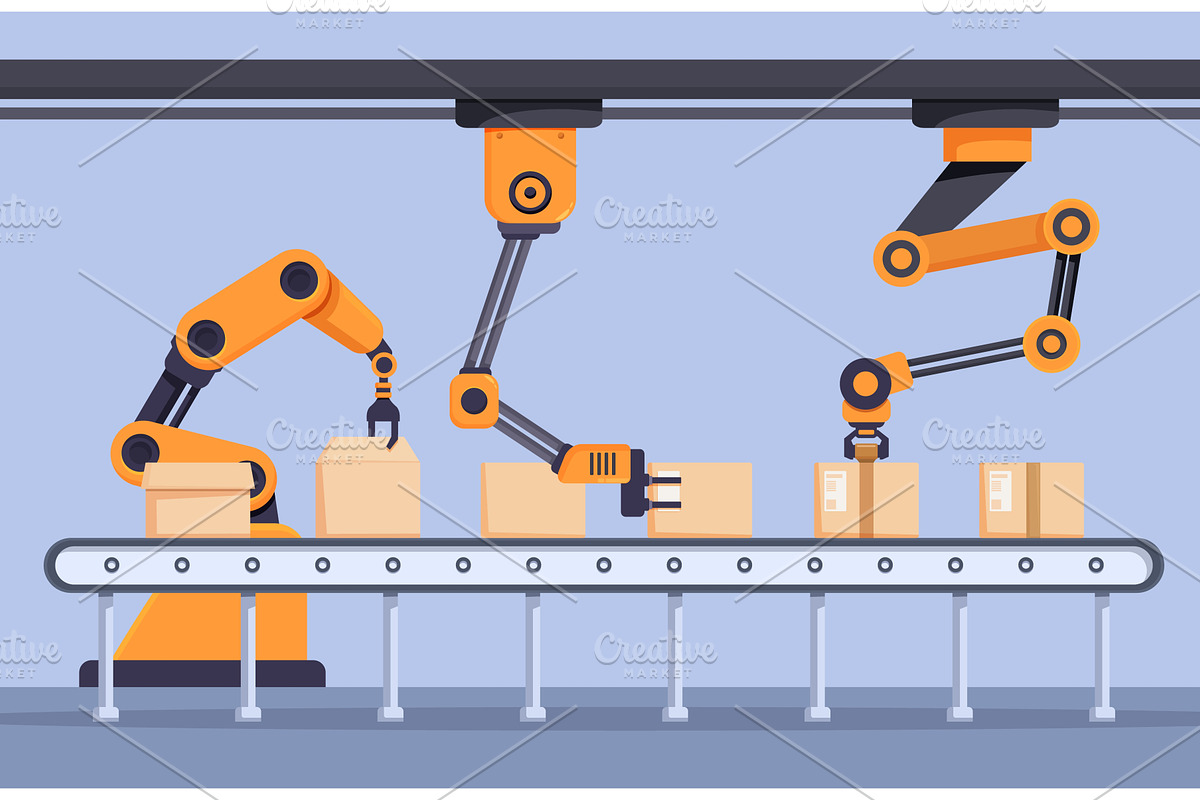Robotic arms conveyor. Industrial, an Illustration by Valerie Bodnar