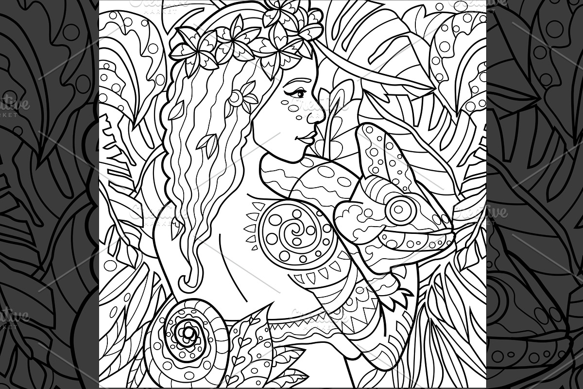 Exotic Girl With Chameleon Line Art, an Animal Illustration by AntonyChernianu (Photo 1 of 2)