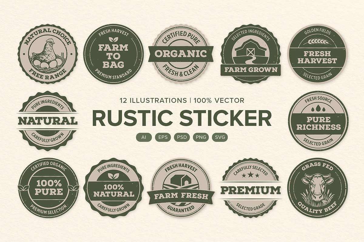 Rustic Farm Organic Sticker Badge Se, an Object Graphic by DesignerCandies (Photo 1 of 6)