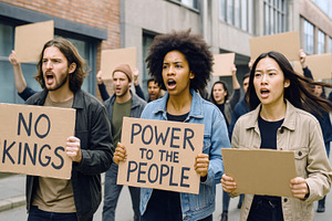 Protesters holding signs during a de, a Photo by Dvoevnore photos