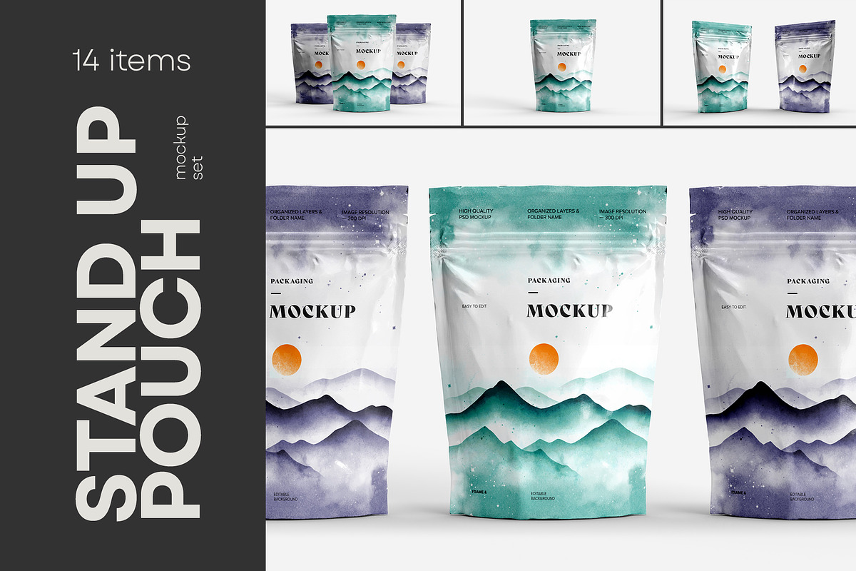 Stand Up Zip Lock Pouch Mockup Set, a Merchandise Mockup by dpi (Photo 1 of 16)