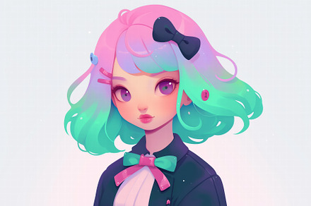 A stylized illustration of a girl with pastel pink and green hair, adorned with, an Arts & Entertainment Photo by Textures & Backgrounds