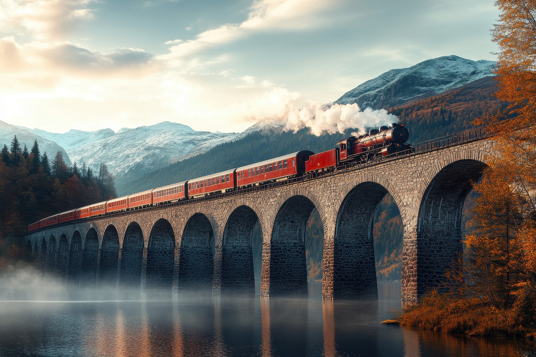 Train crossing a stone bridge surrou, a Photo by Iftikhar Alam