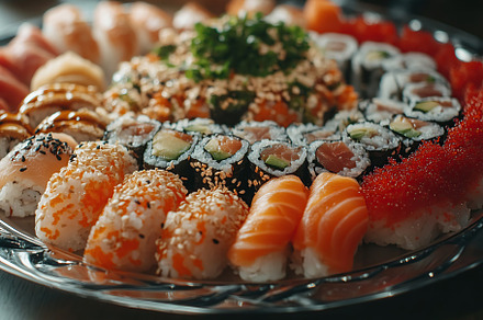 Fresh tasty sushi rolls of japanese cuisine, a Food & Drink Photo by AlyaAnd
