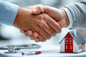 Two people shaking hands near miniature house symbolizing real estate agreement, a Photo by AS photostudio