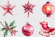 Watercolor Pink Christmas Clipart, an Illustration by Black Bird Studio (Thumbnail 5 of 6)