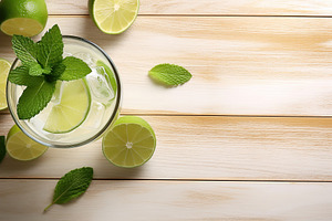 Flat lay of alcoholic mojito with ice and mint on wooden background, a Food & Drink Photo by AlyaAnd