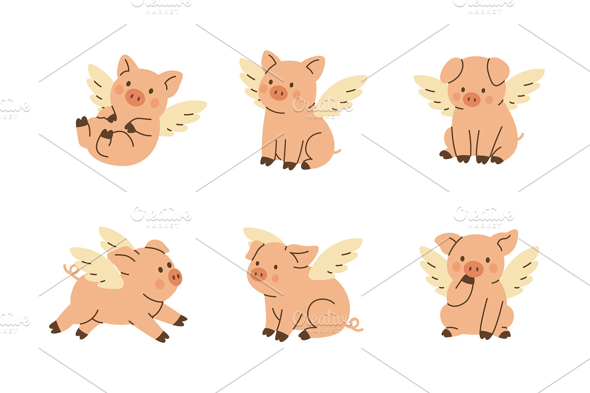 Cute flying pigs with white wings, an Animal Illustration by GraphiShop