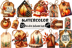 Vintage Wooden Autumn Tags Clipart, an Illustration by Black Bird Studio