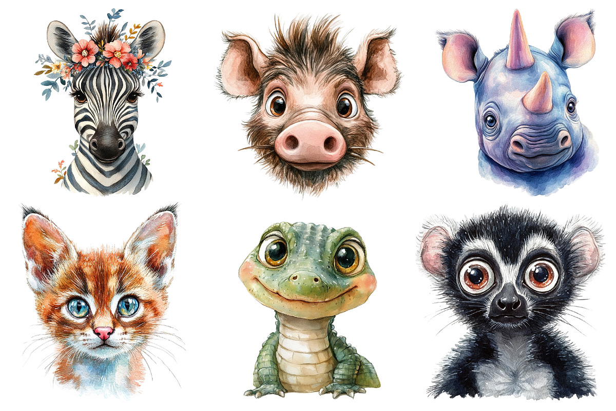 Cute Safari Animal Portraits Clipart, an Illustration by Watercolor design (Photo 4 of 4)