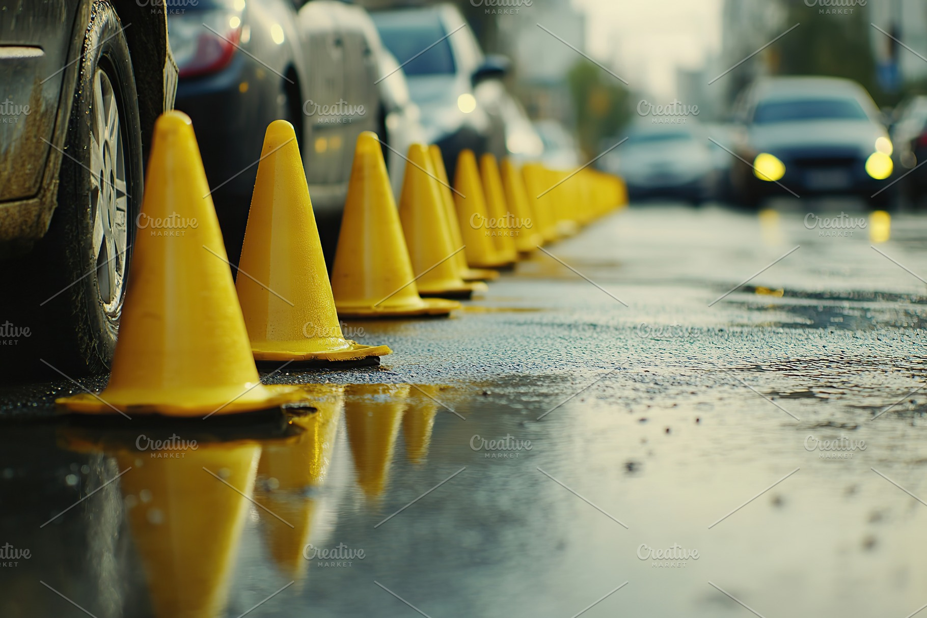 Yellow road cones aligned on a wet street after rain near parked vehicles, an Industrial Photo by AlyaAnd
