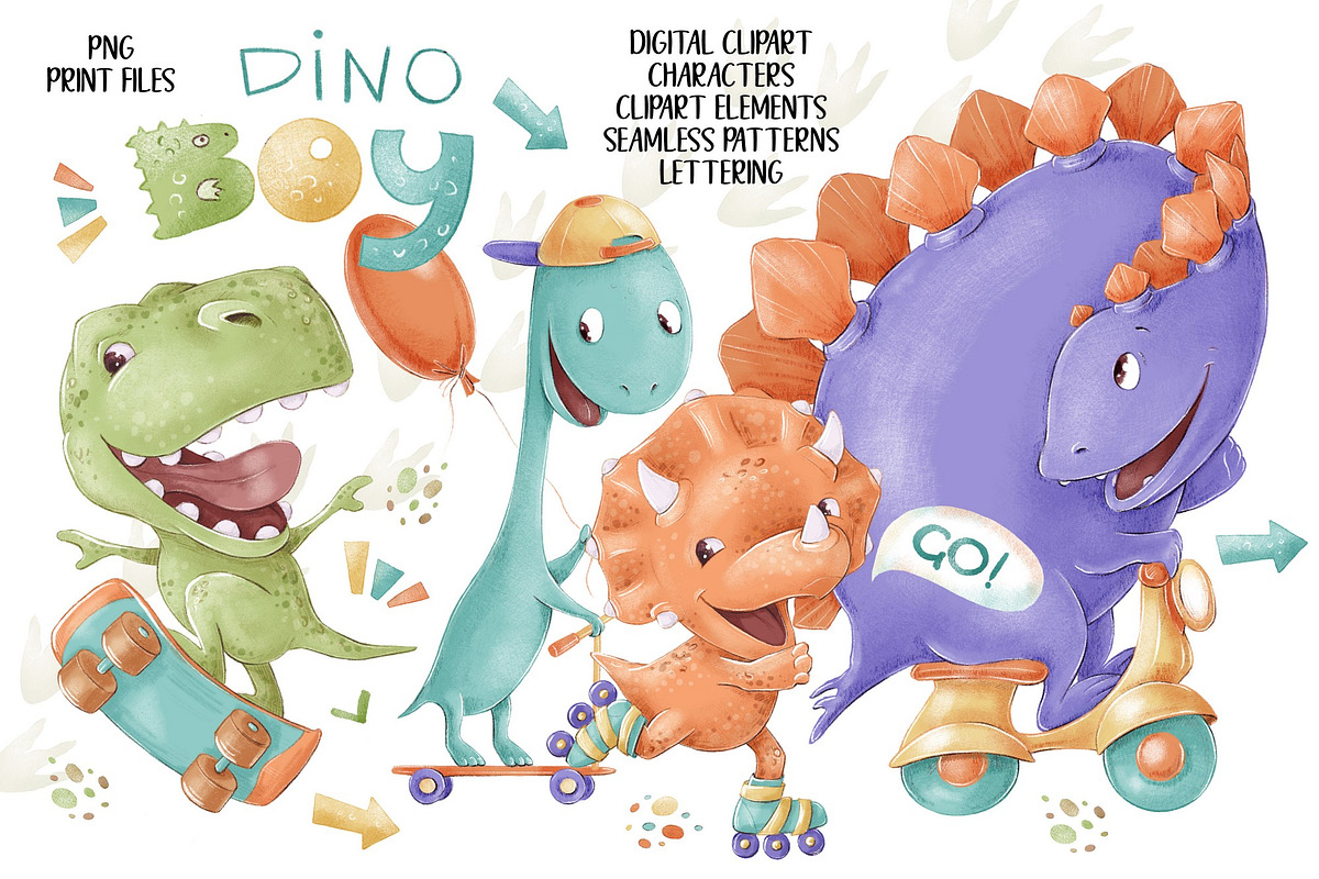 Dino boys clip art set., an Illustration by Yuliya Art (Photo 1 of 9)