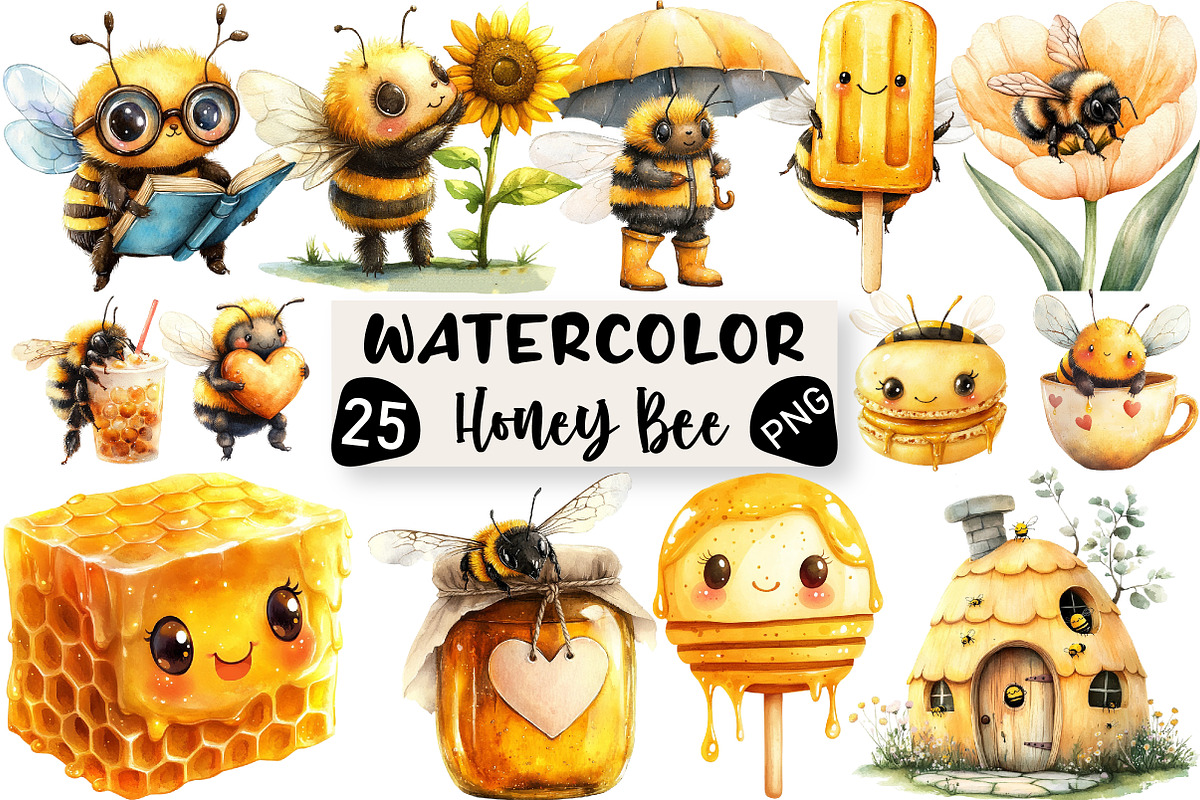 Kawaii Honey Bee Clipart Bundle, an Illustration by Black Bird Studio (Photo 1 of 6)