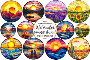 Stained Glass Summer Sunset Clipart, an Illustration by OK Design