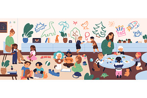 Happy kids play in kindergarten, a Person Illustration by PaperTrident