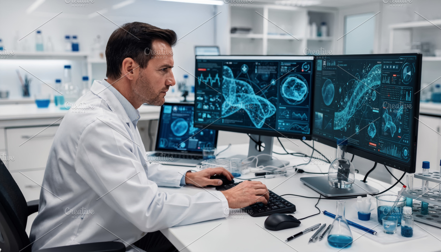 Scientist analyzing biomedical data, a Health & Medical Photo by angellodeco