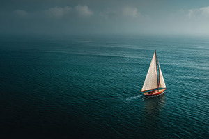 Sailboat on Calm Ocean Lone Journey, a Photo by Pixeness Studio