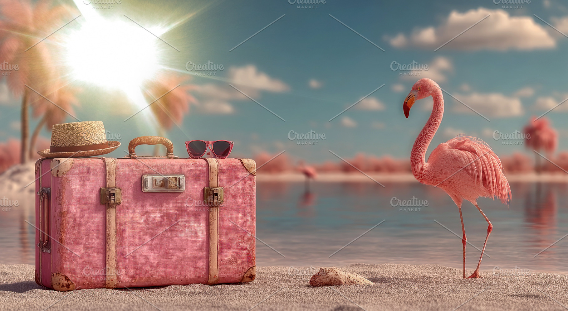 Pink flamingo standing by vintage pink suitcase with hat and sun, a Person Photo by José Manuel Gelpi