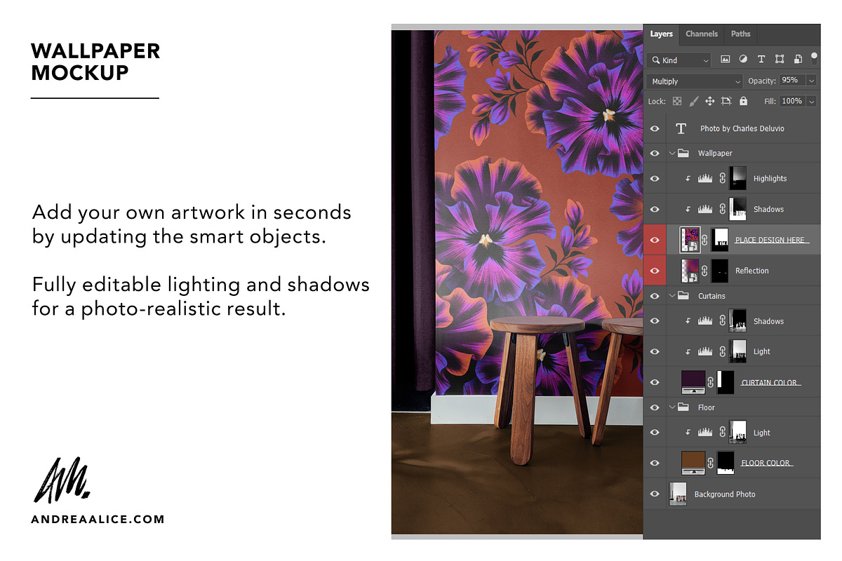 Wallpaper Mockup with wooden stools, a Household Mockup by Andrea Muller (Photo 4 of 6)