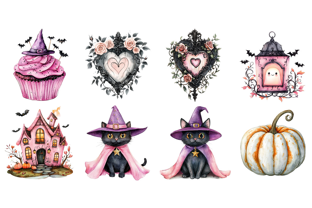 Watercolor Pink Halloween Clipart, a Seasonal Illustration by CitraGraphics (Photo 4 of 5)