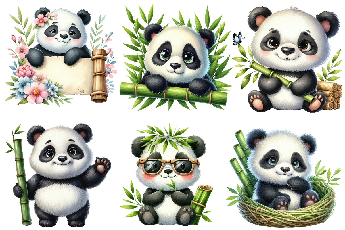 Watercolor Panda with Bamboo Clipart, an Animal Illustration by Designworld (Photo 2 of 6)