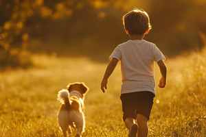 Child plays with dog in sun, a Photo by Beautiful things