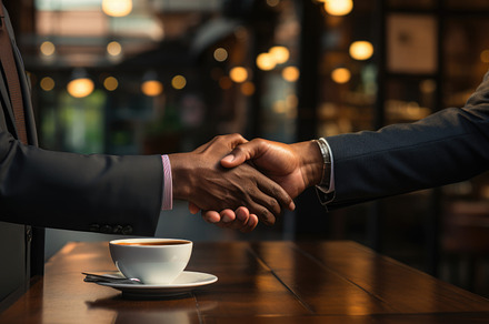 Close up of two businessmen shaking hands in a cafe. Business co, a Business Photo by AS photostudio