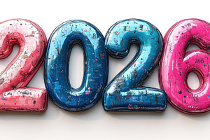 Shiny inflatable 2026 numbers in pink and blue metallic finish o, a Background Photo by José Manuel Gelpi