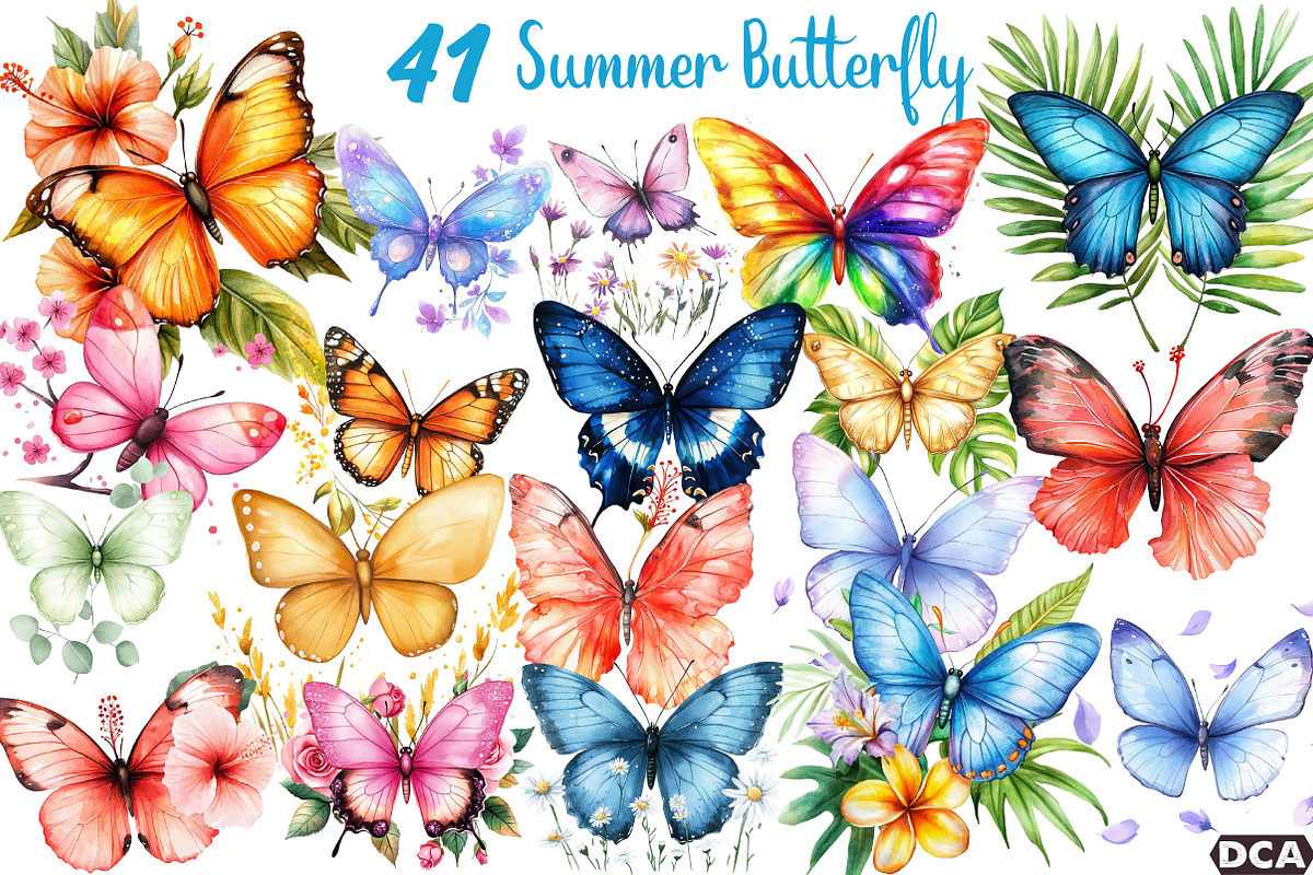 Watercolor Summer Butterfly Clipart, an Illustration by DreamCafeArt (Photo 1 of 3)