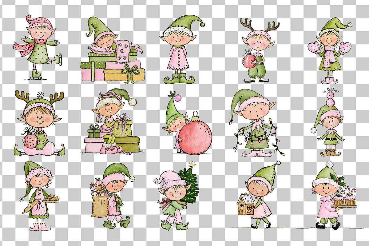 Christmas Elves PNG Clipart Bundle, a Seasonal Illustration by Nicolle's Colorful Art (Photo 3 of 6)